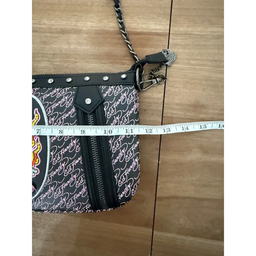 Ed Hardy Black Pink Flaming Skull Logo Shoulder Bag Y2K New